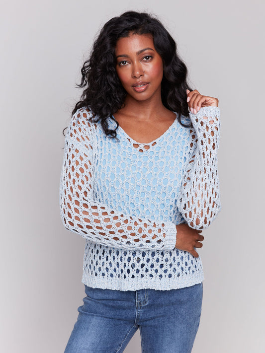 Open-stitch Fancy Yarn Fishnet V-neck Sweater - Denim