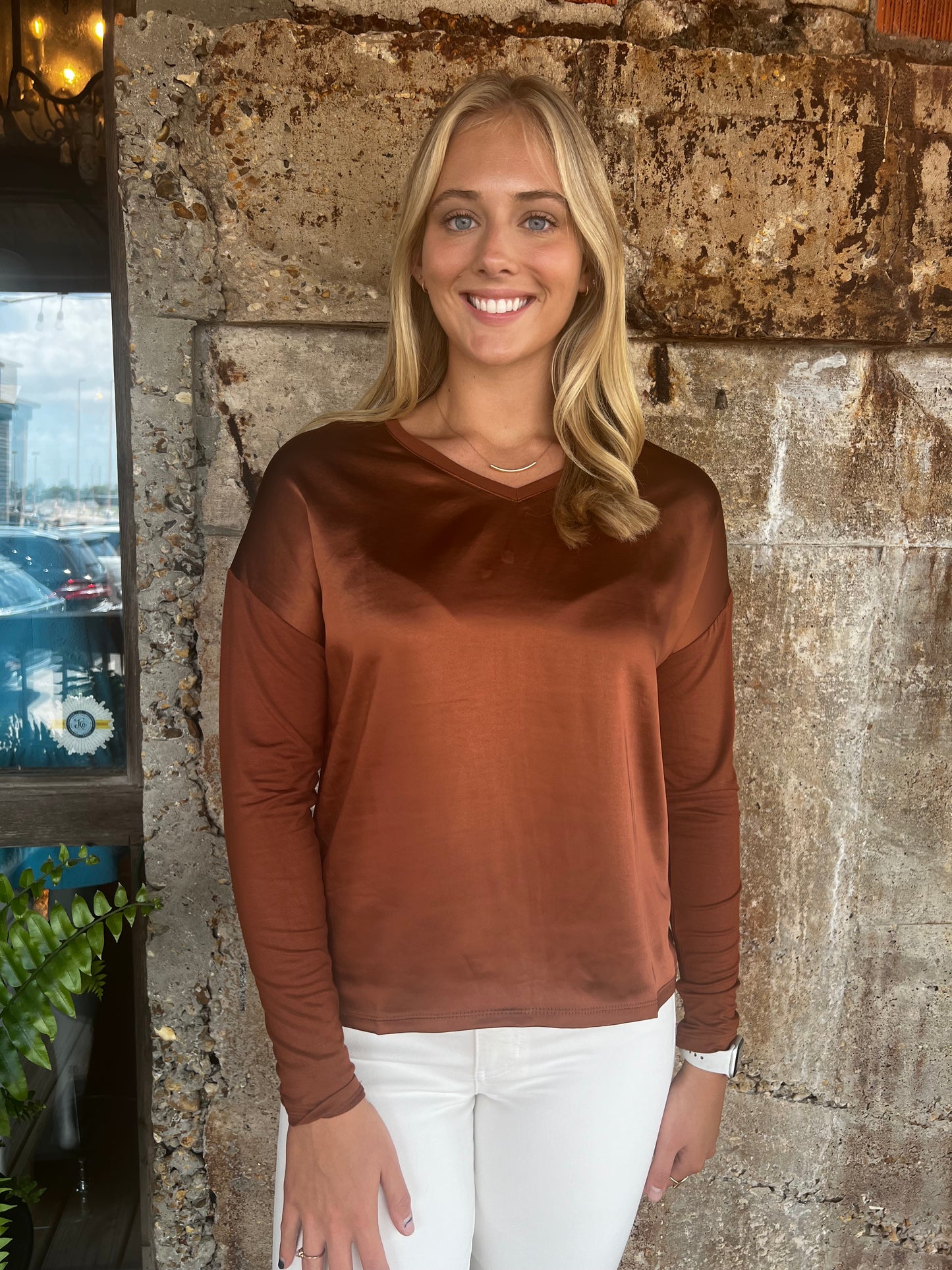 Charlie B satin jersey knit top in terra cotta