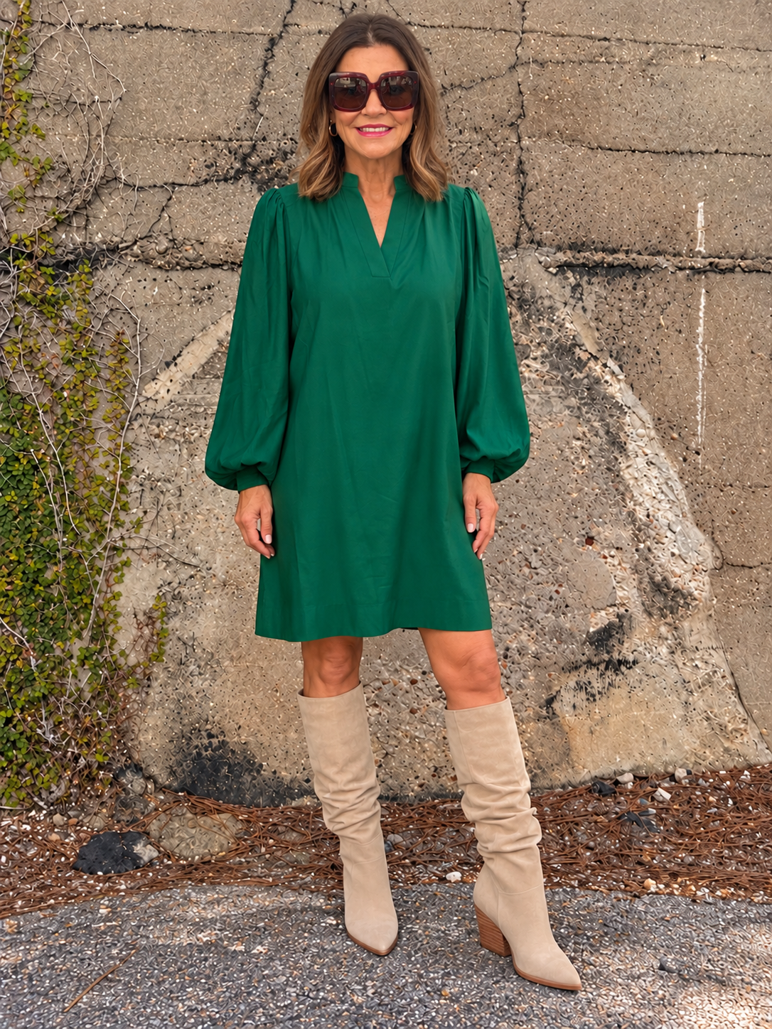 Swing Dress with bishop sleeves/ Emerald
