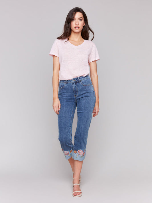 Denim embroidered roll up cuff jean