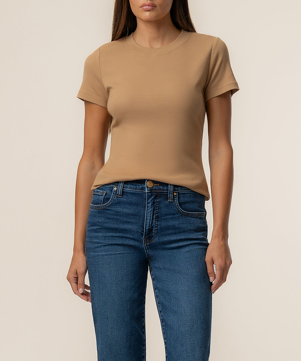 Langley short sleeve rib top/ camel