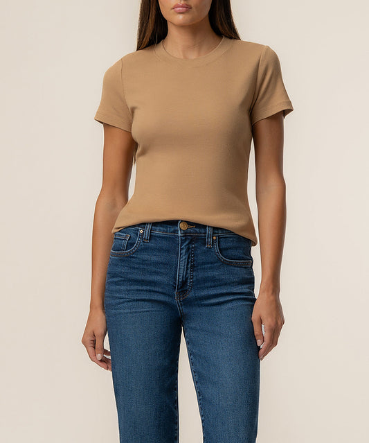 Langley short sleeve rib top/ camel