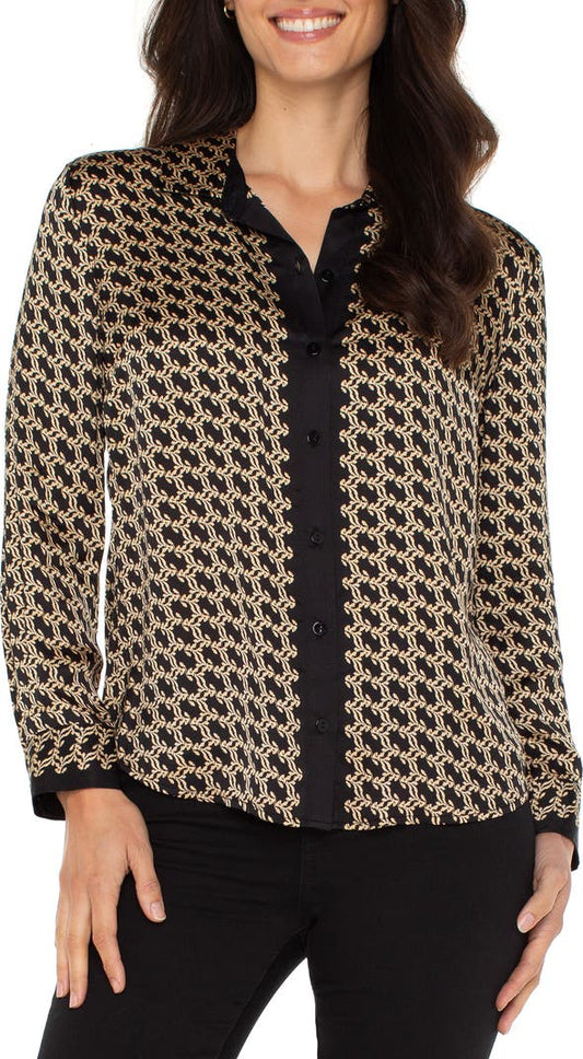 Abstract print button up blouse/ black gold combo