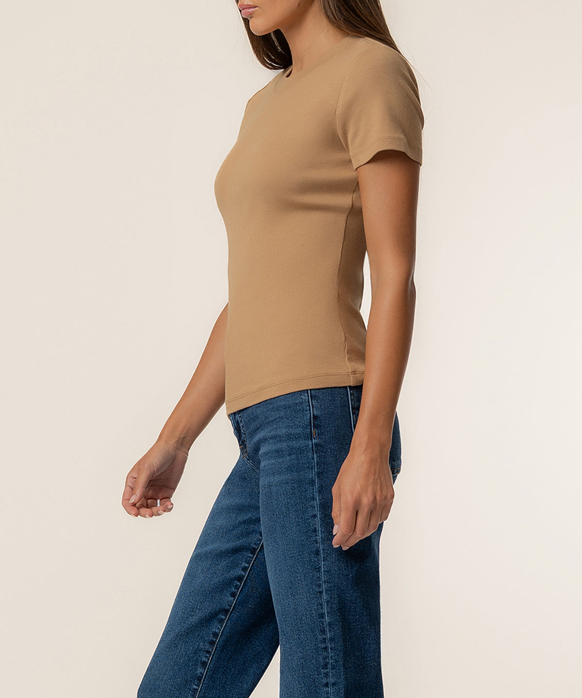 Langley short sleeve rib top/ camel