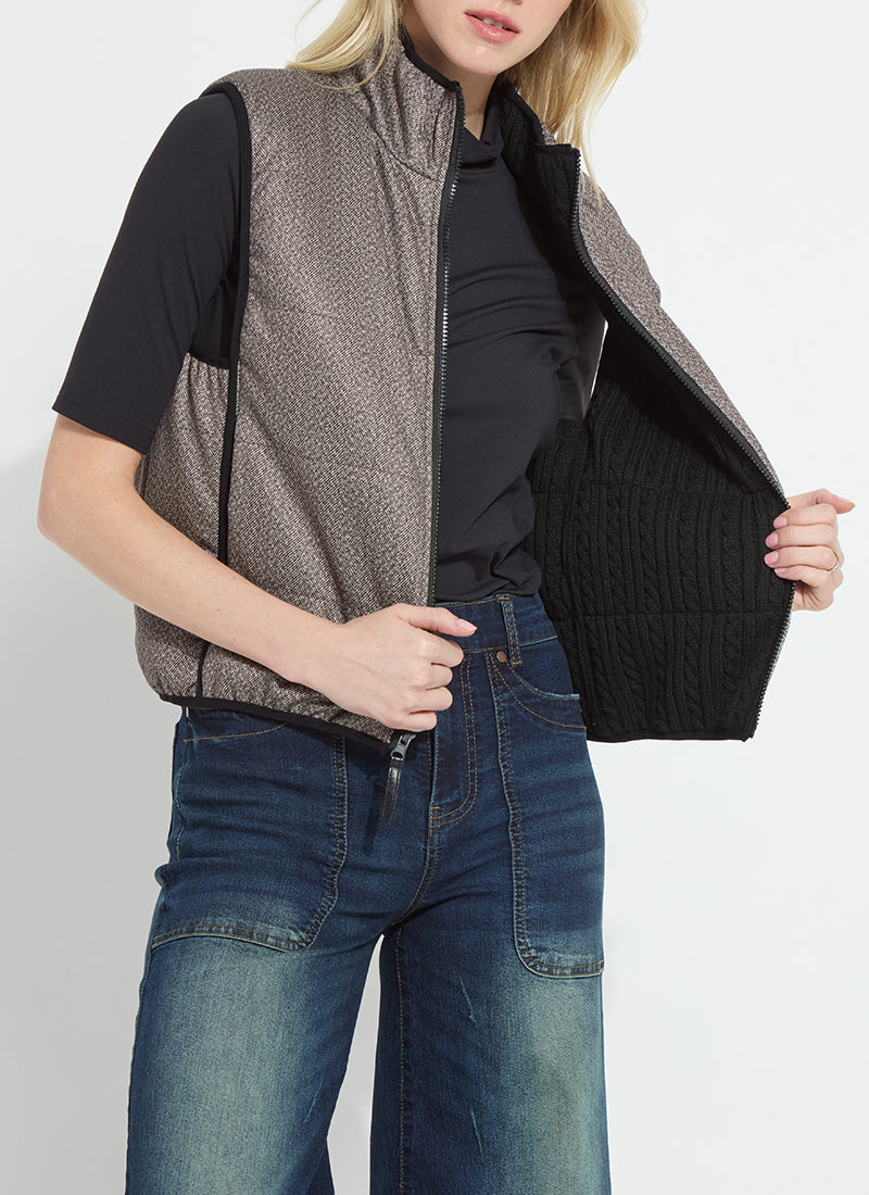 ROWYN REVERSIBLE SLEEVELESS PUFFER VEST/ donegal tweed