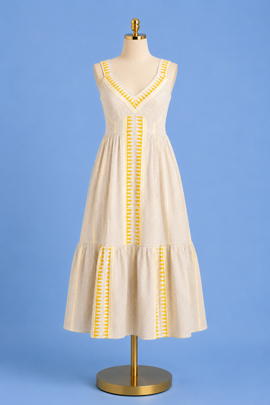 Sleeveless midi dress/ cream brown stripe
