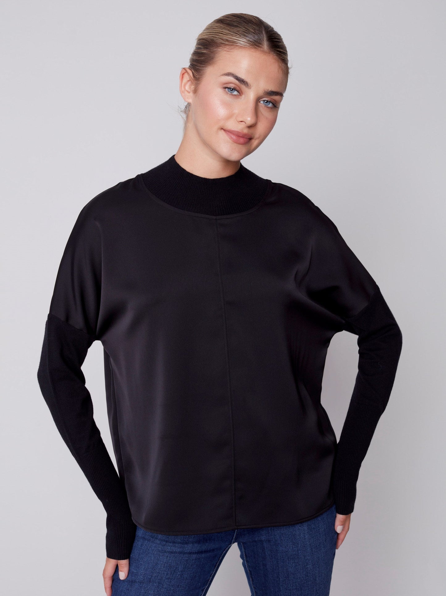 Charlie B satin-knit mock neck top in black