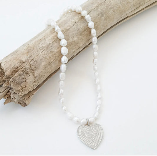 Virtue Freshwater Pearl Necklace with Pave Heart