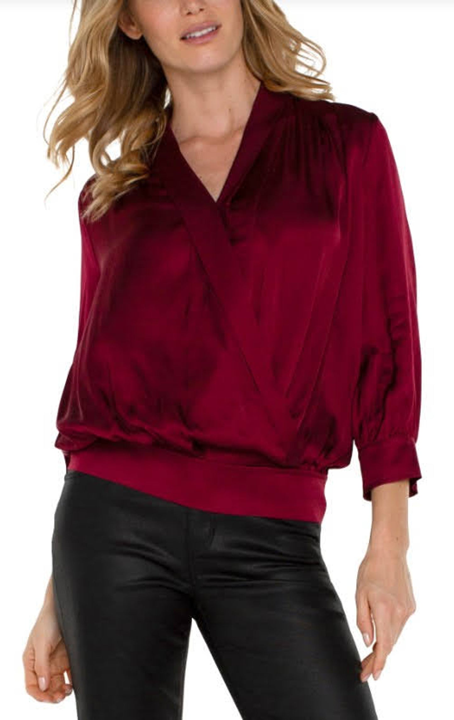 Liverpool Shawl Wrap Front Bracelet Sleeve Blouse - Dark Pinot Noir