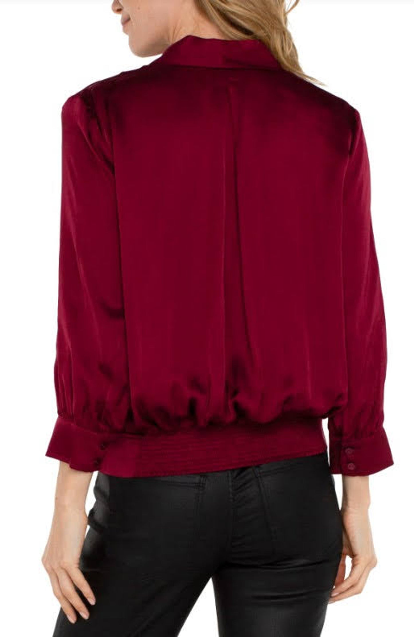 Liverpool Shawl Wrap Front Bracelet Sleeve Blouse - Dark Pinot Noir