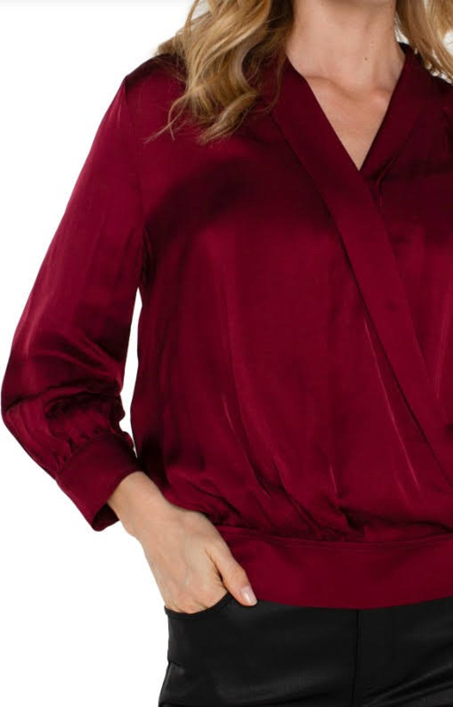 Liverpool Shawl Wrap Front Bracelet Sleeve Blouse - Dark Pinot Noir