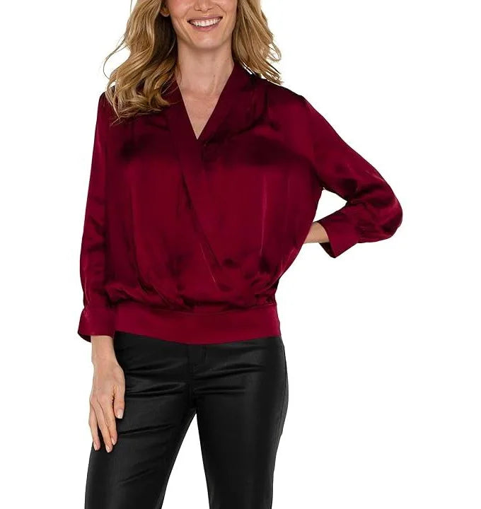 Liverpool Shawl Wrap Front Bracelet Sleeve Blouse - Dark Pinot Noir