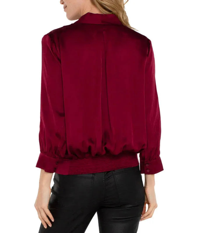 Liverpool Shawl Wrap Front Bracelet Sleeve Blouse - Dark Pinot Noir