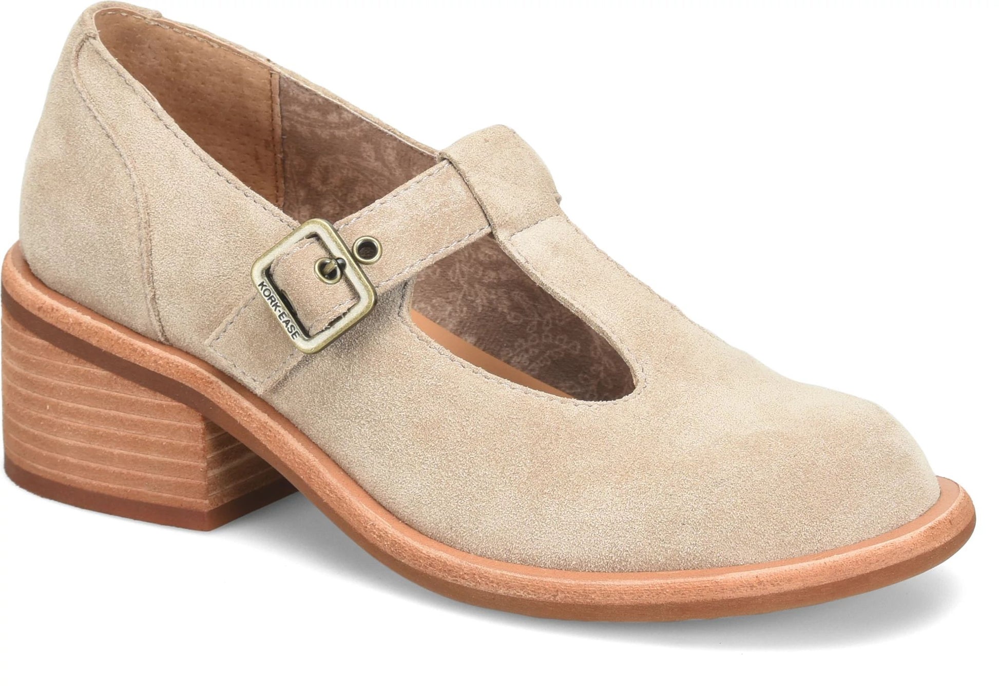 Kork-Ease Jesse taupe suede T-strap Mary Jane heel with stacked block heel