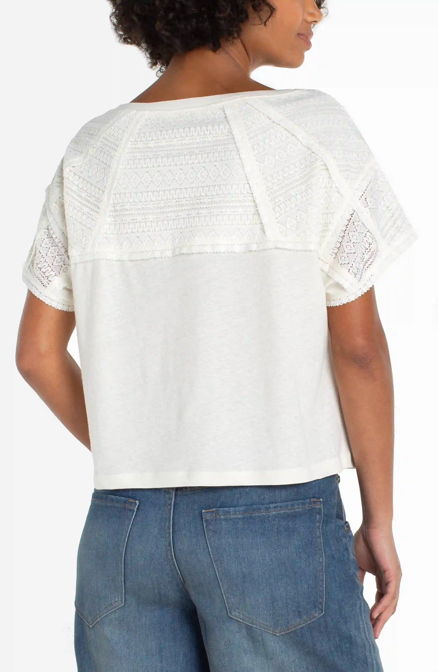 Liverpool dolman top in whipped cream with lace yoke detail, back view on model