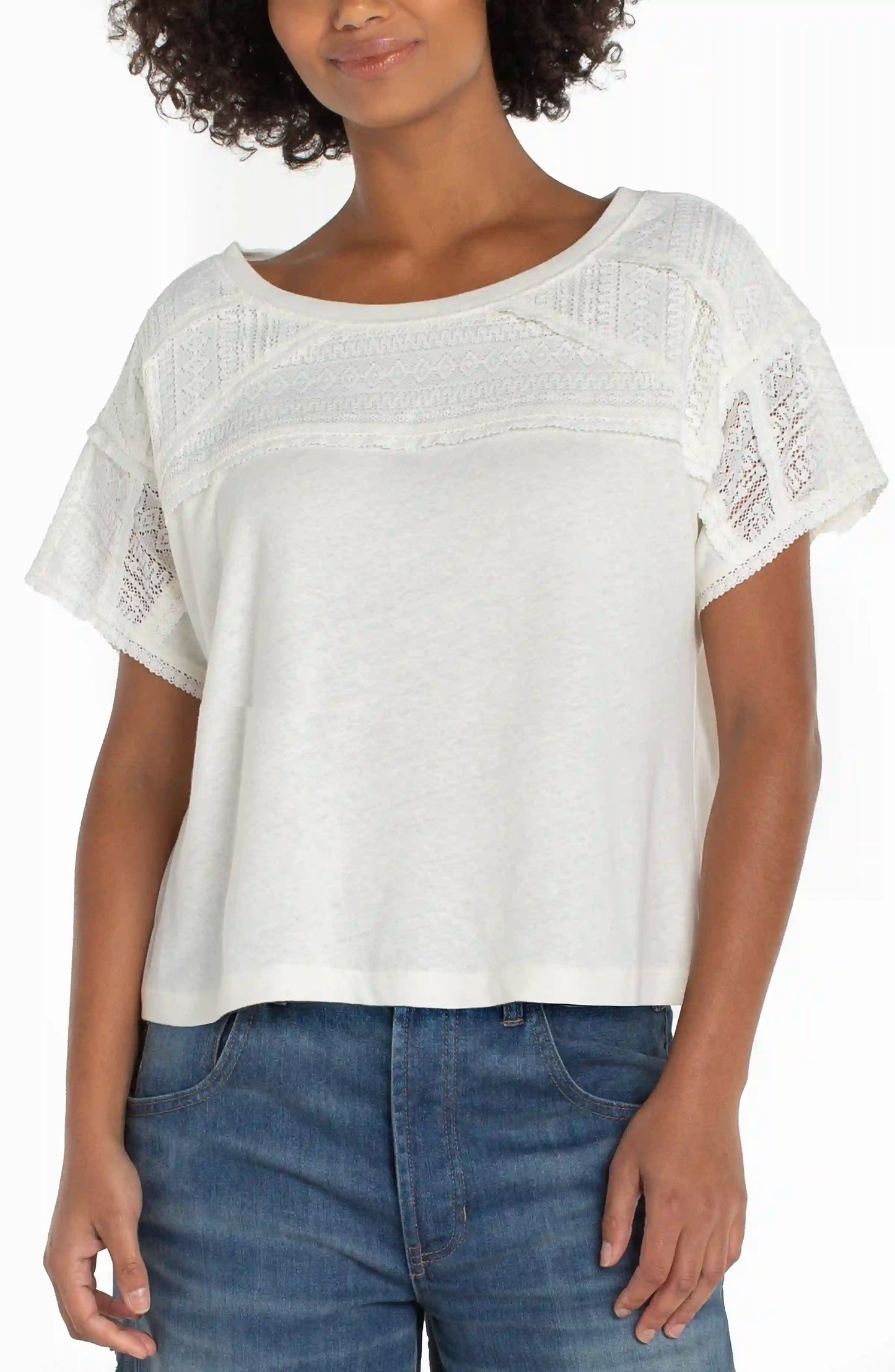 Liverpool dolman top in whipped cream with lace trim detailing worn with blue jeans