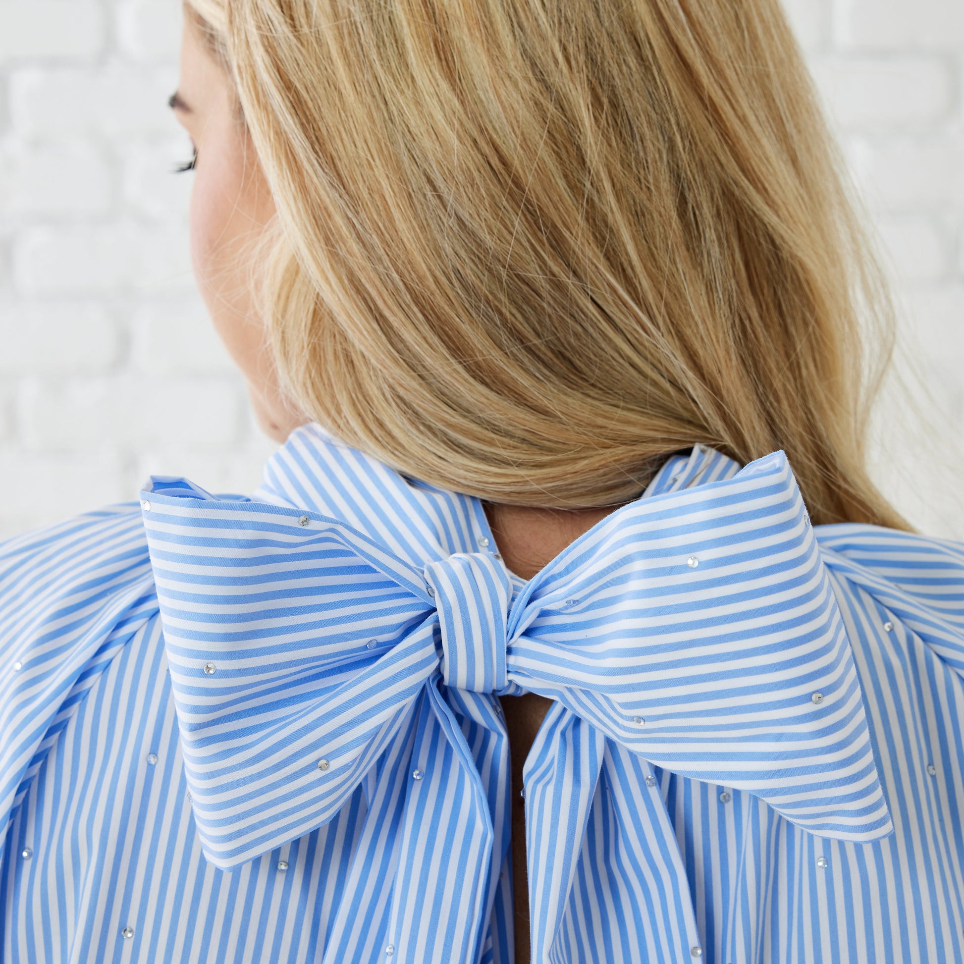 Caryn Lawn Ryan Bow Top in blue and white stripe with large back bow detail