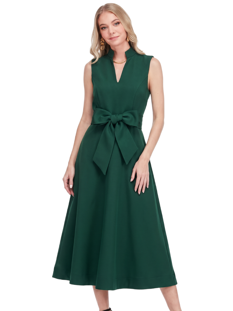 Stand Collar Fit & Flare Dress/ Emerald